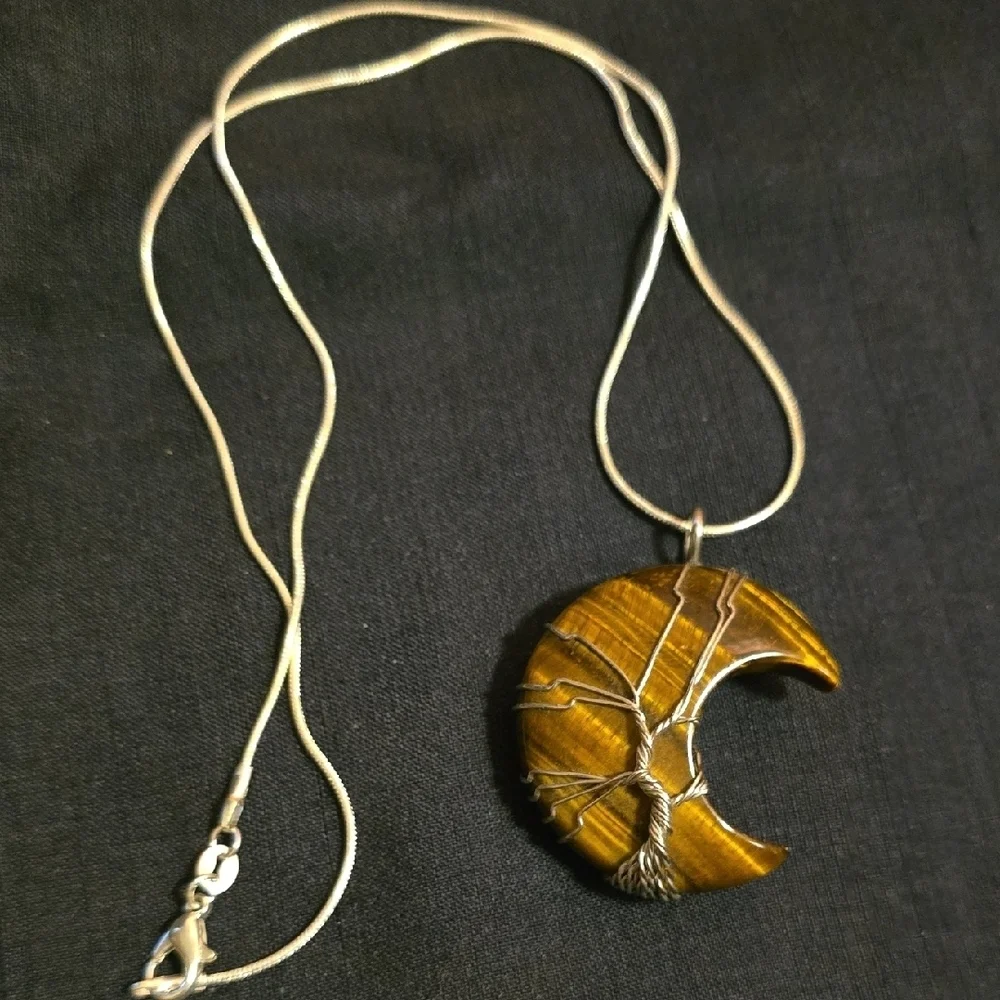 Silver and Brown Crescent Tree Necklace